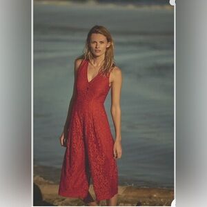 Anthro red lace jumpsuit